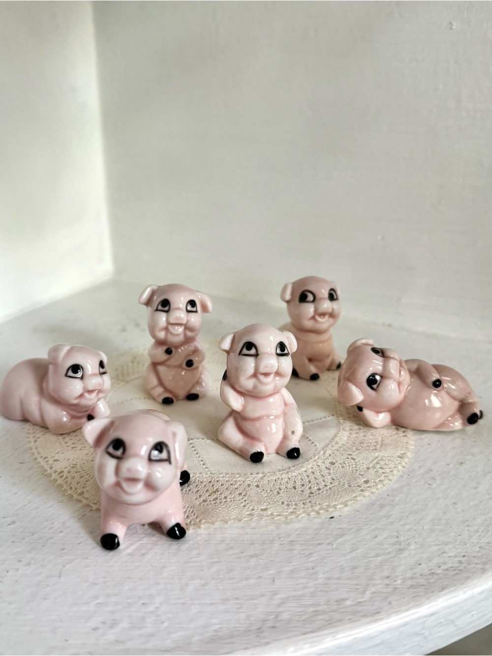 Vintage Pink Ceramic Pig Figurine Set of 6 - Decorative Small Pets Collectibles